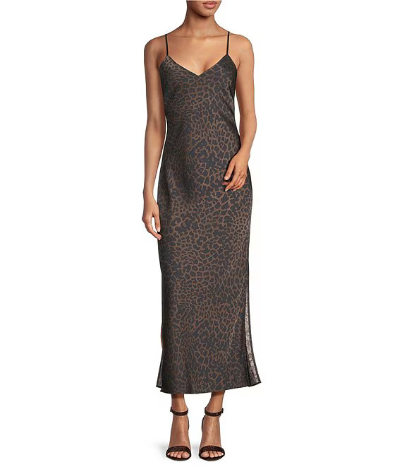 Gianni Bini Haven Satin Leopard Print V-Neck Sleeveless Full Length Slip Dress | Dillard's | Dillard's