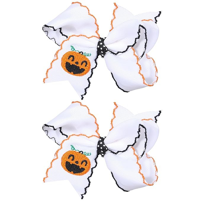 2pc Halloween Bows Hair Clips for Girl 4" Embroidered Pumpkin White Ribbon Bowknot Alligator Hair... | Amazon (US)
