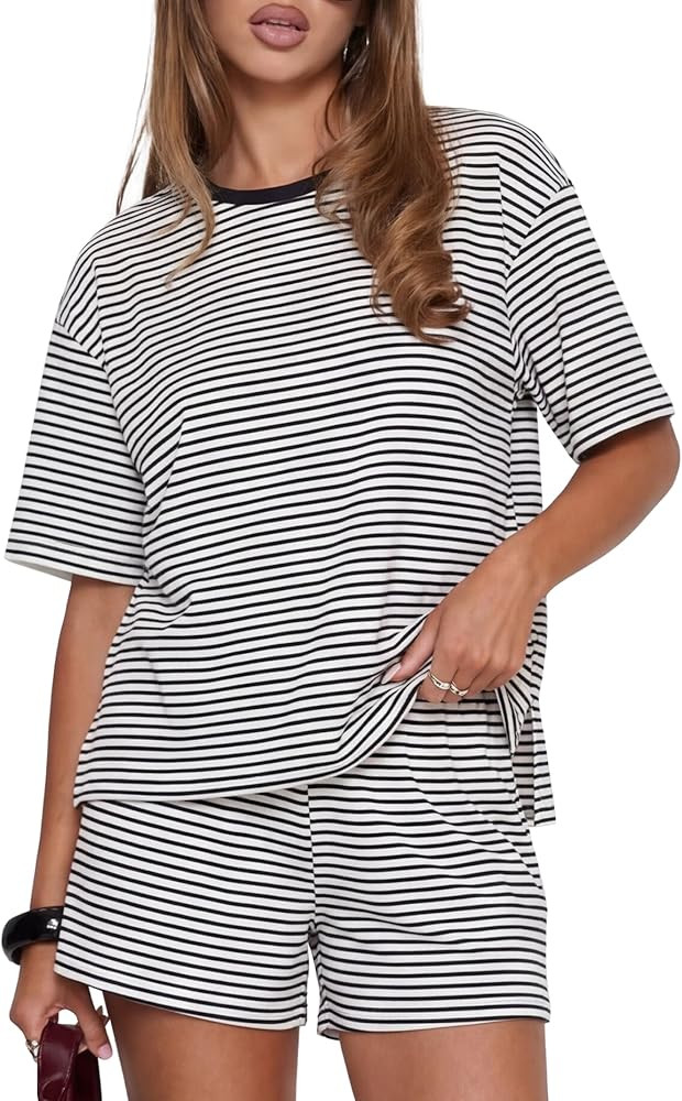 Womens Striped 2 Piece Lounge Sets Short Sleeve Oversized T Shirts Drawstring Shorts Matching Set | Amazon (US)