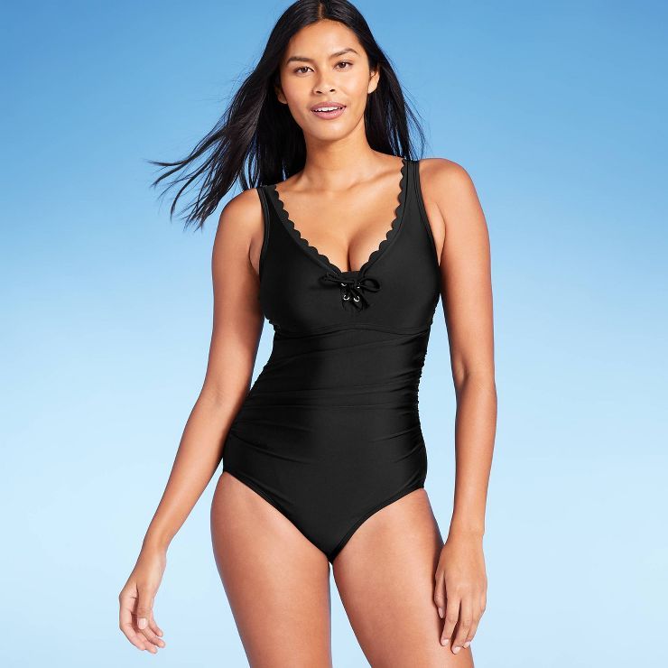 Women's Long Torso Scallop Full Coverage One Piece Swimsuit - Kona Sol™ Black | Target