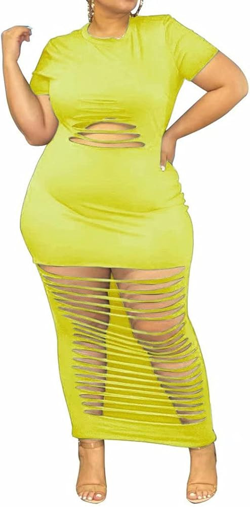 IyMoo Womens Causal Plus Size Short Sleeve Solid T-Shirt Tunic Bodycon Ripped Long Maxi Dress | Amazon (US)