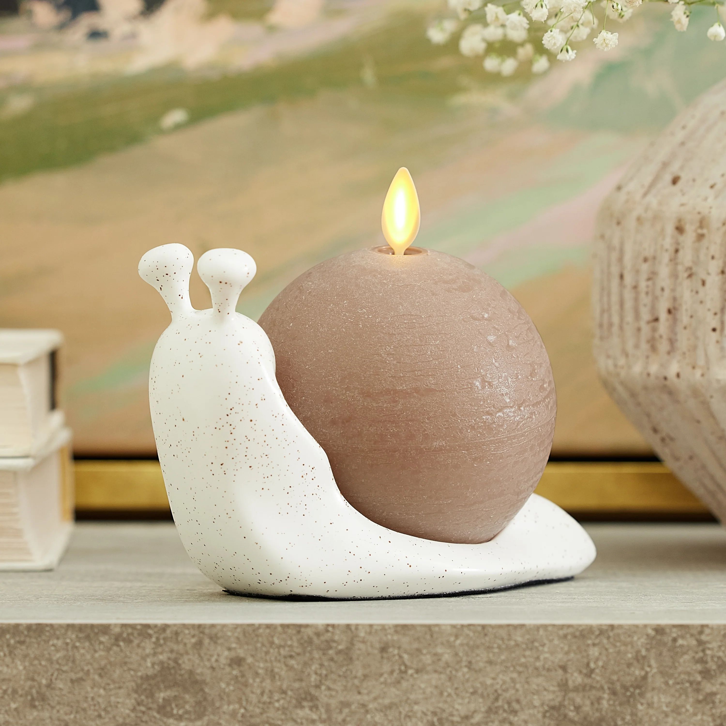 Snail Candle Holder + Timeless Taupe Chalky Flameless Candle Sphere | Luminara