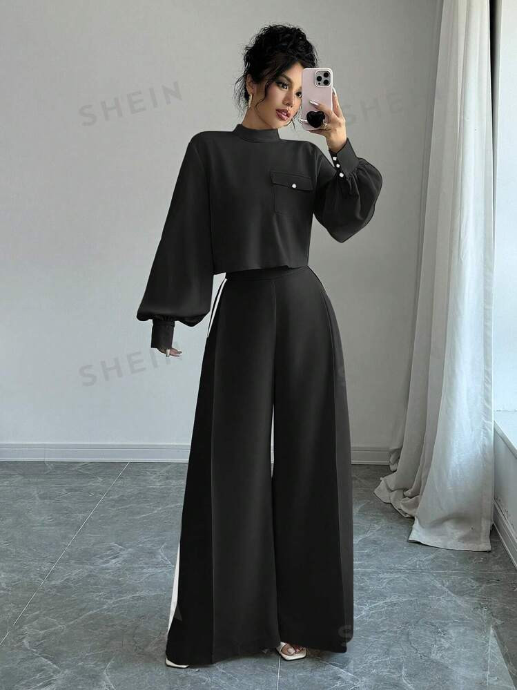 SHEIN Privé Women Stand Collar Long Sleeve Casual Loose Blouse And Wide Leg Pants 2pcs Set | SHEIN