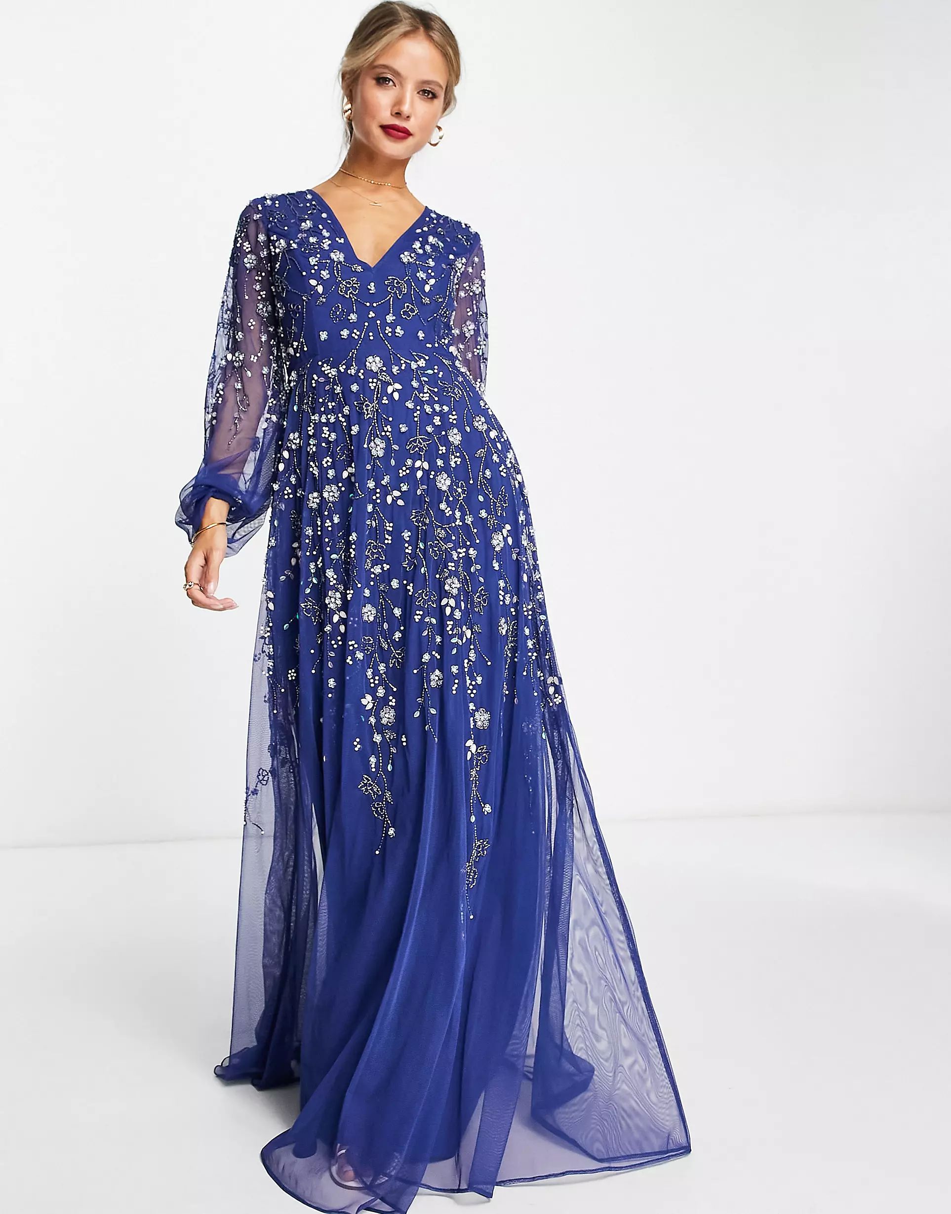 ASOS DESIGN maxi dress with blouson sleeve and delicate floral embellishment in navy | ASOS (Global)