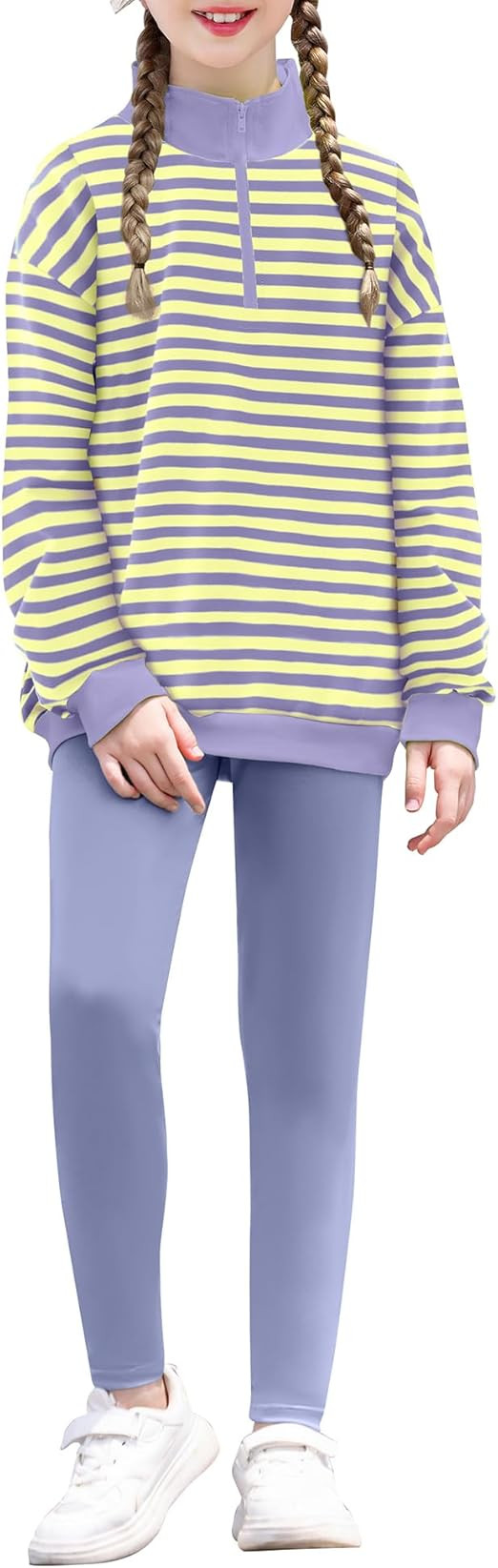 Girls Outfits 2 Piece Stripe Flip Collar Zipper Sweatshirt and Pants Set 5-12Y | Amazon (US)