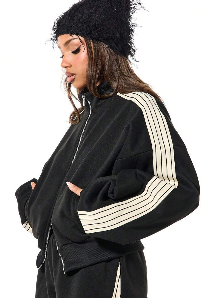 SUMWON WOMEN Oversized Black Zip Through Track Jacket With Contrast Side Tape Detail And Boxy Silhouette For Casual Streetwear Style | SHEIN