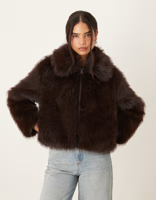 Mango short zip through faux fur jacket in brown | ASOS (Global)
