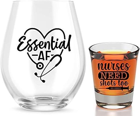 Essential AF Wine Glass + Nurses Need Shots Too Shot Glass Gift Set - Great Quarantine Gift For N... | Amazon (US)