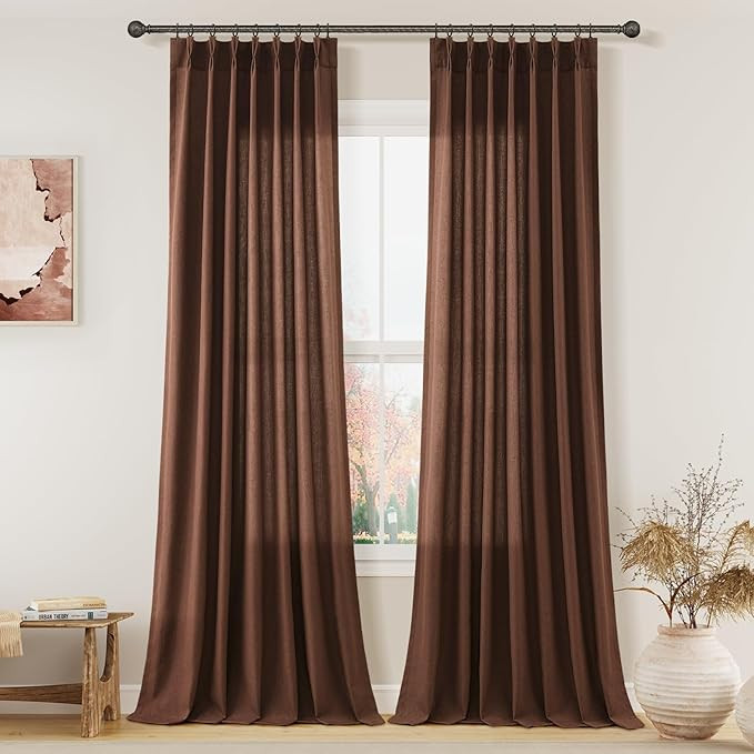 Rustic Brown Pinch Pleated Linen Curtains 90 Inch Length 2 Panels for Living Room Bedroom Semi Sh... | Amazon (US)