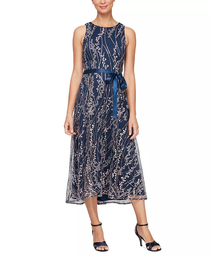 Alex Evenings Women's Metallic Floral Embroidered Sleeveless Midi Dress - Macy's | Macy's