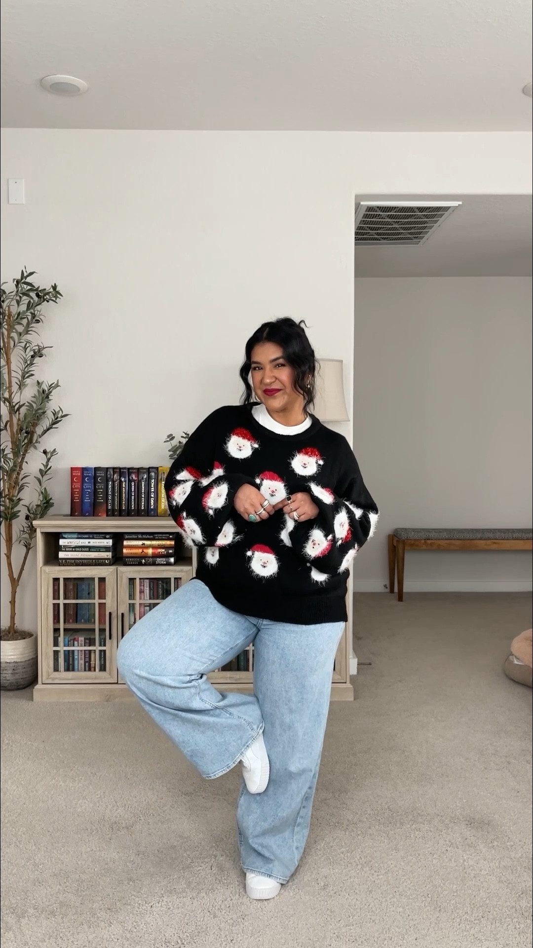 I’m 5’1” size 12 // SWEATER: from Amazon, size large // WHITE TOP: from Amazon, size large (very fitted with high compression) // JEANS: from American Eagle, size 10 short. Size down! These run big. So soft and stretchy, best jeans ever. 

#LTKMidsize #LTKPetite #LTKHoliday