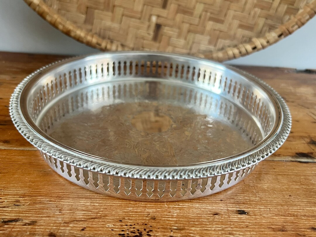 Vintage Silver Plated Gallery Tray | Round Vanity Tray | Bar Cart Tray | Engraved Floral Pattern ... | Etsy (US)