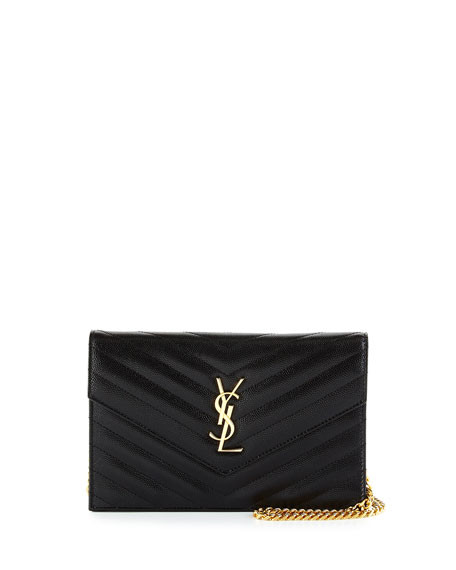 Saint Laurent Monogram YSL Chevron Quilted Wallet on Chain, Black | Neiman Marcus