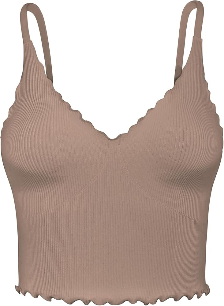 Sunzel Tank Top for Women, V Neck Seamless Ribbed Crop Sports Bra with Ruffles | Amazon (US)