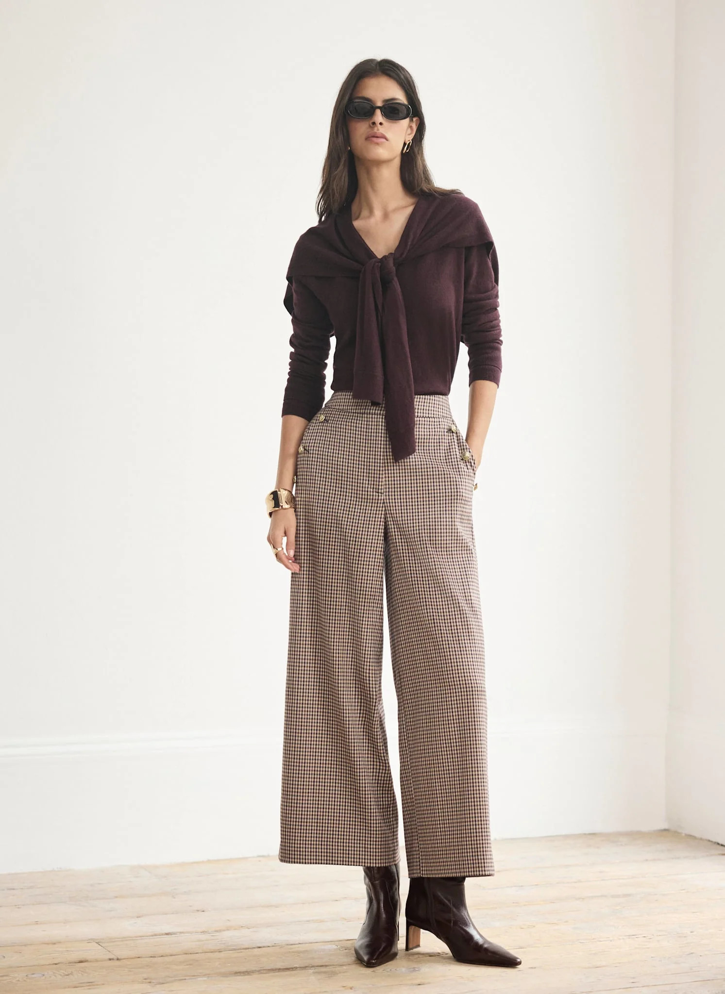 Burgundy Checked Cropped Wide Leg Trousers | Mint Velvet - ROW