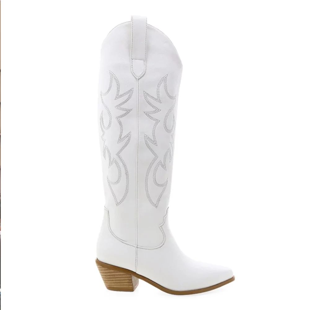 Femflame Women Cowboy Knee High Boots Embroidered Pull-on Cowgirl Western Boots Shoes White Size ... | Walmart (US)