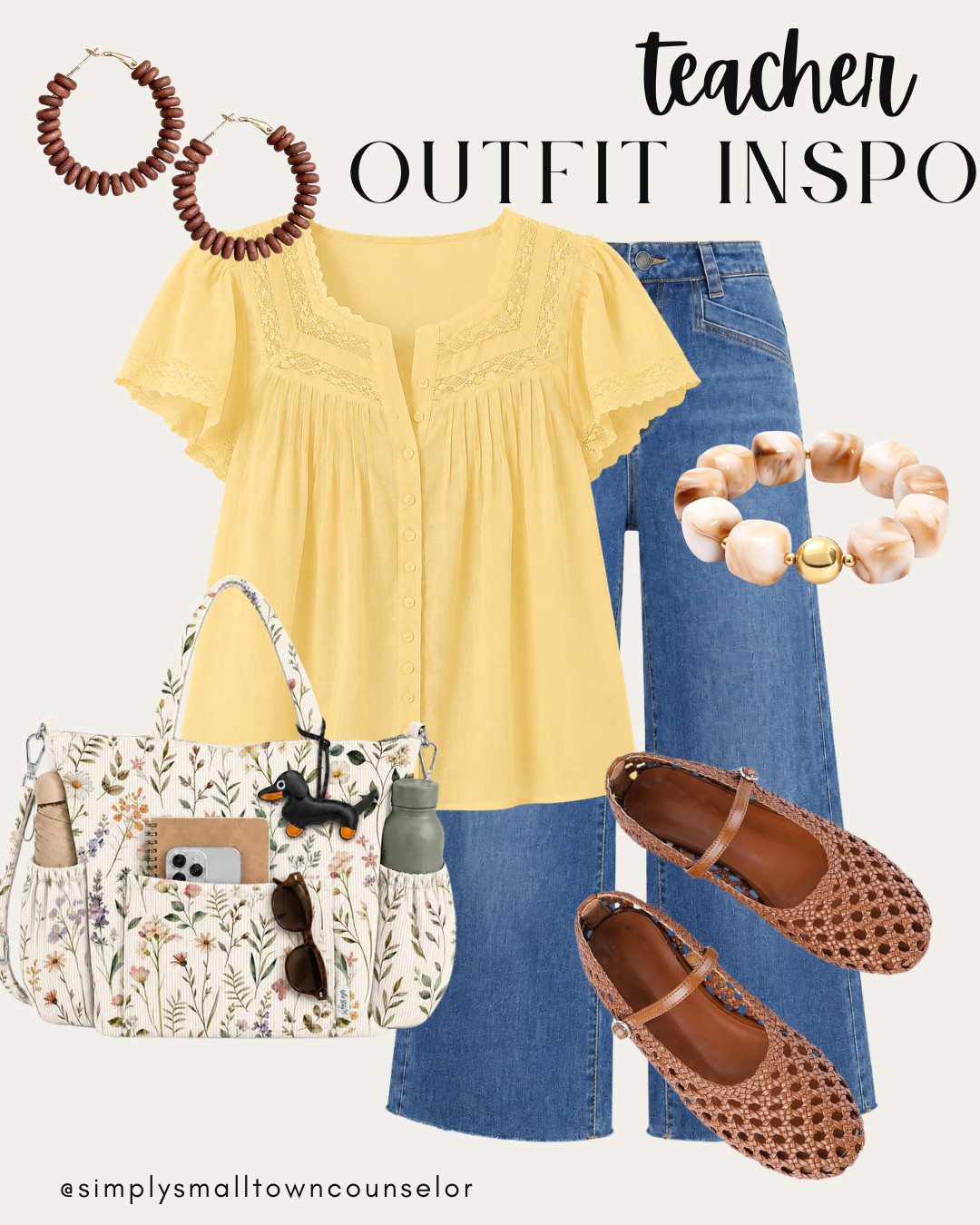 Teacher Outfit Inspo 🍎💛 This sunny lace-detail top paired with wide-leg jeans is such a cute classroom look! Add woven flats and fun accessories for an easy outfit that feels polished but still comfortable. ✨
 

 #LTKWorkwear