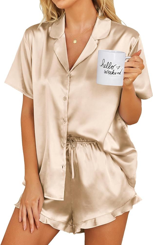 Ekouaer Womens Satin Pajamas Set Button Down 2 Piece Silk Pjs Shorts Set Ruffle Lingerie Notch Co... | Amazon (US)