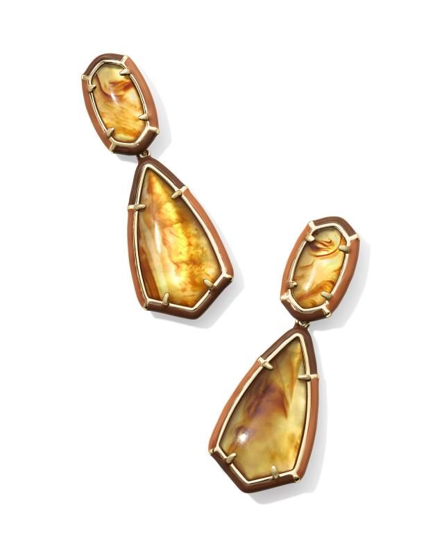 Camry Gold Enamel Frame Statement Earrings in Marbled Amber Illusion | Kendra Scott