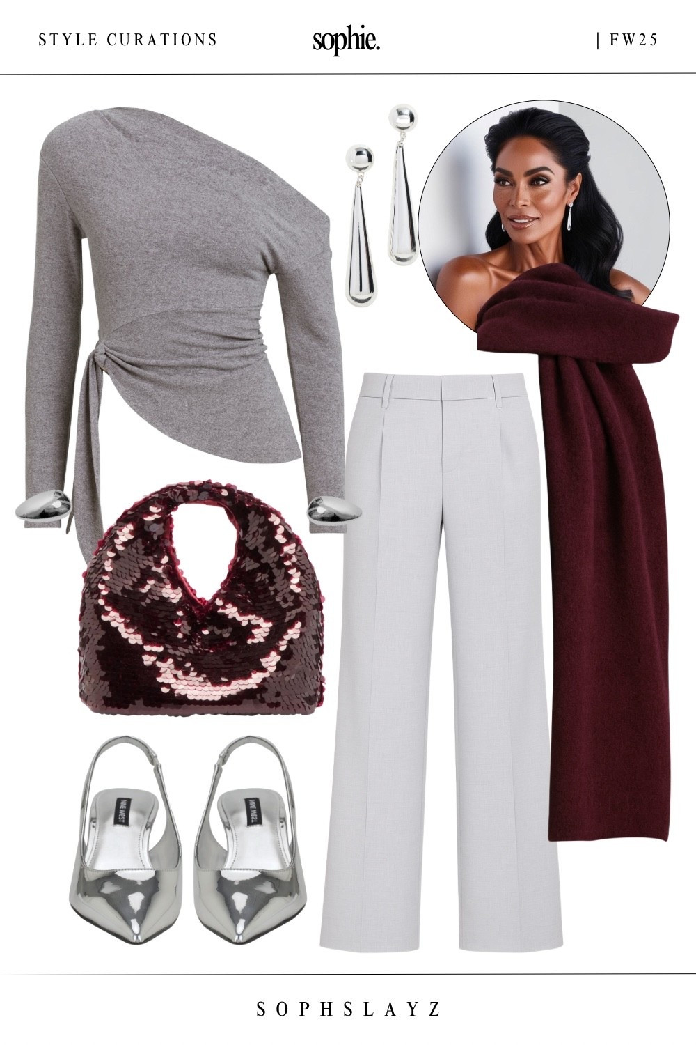 This look: grey knit top with side tie, grey tailored trousers, burgundy sequin bag, silver heels, brooches worn as wrist cuffs, and a dramatic wrap scarf. This is tonal layering with a twist. Wear this for your next holiday party, dinner party, or festive event. Pants available in tall! 

🔎 grey winter outfit, fall outfits, holiday party outfit, holiday style, fw25, grey outfit

#LTKHoliday #LTKootd