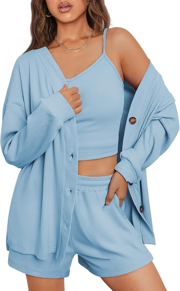 AUTOMET Womens 3 Piece Loungewear Sets Sweatsuit Comfy Knit Open Front Cardigan Crop Tank Tops Wi... | Amazon (US)