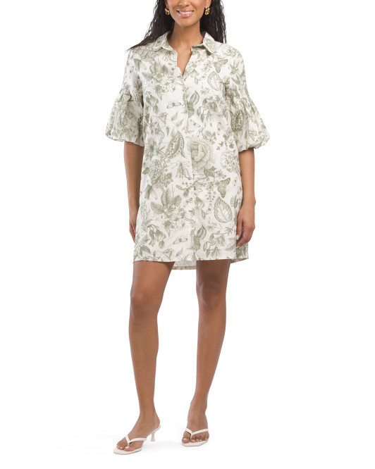 Made In Italy Linen Blend Bell Sleeve Toile Print Mini Dress | TJ Maxx