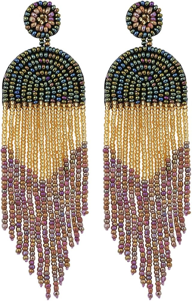 DoreenBow Long Beaded Tassel Earrings Boho Beaded Fringe Drop Earrings Seed Bead Dangle Earrings Nat | Amazon (US)