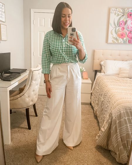 This green gingham button down is the perfect pop of color for the office! I styled it with my favorite white wide leg pants and nude pumps!

- Gingham Button Down: Size Medium 
- White Wide Leg Pants: Size 4
- Nude Pumps: Size 8

#LTKstyletip #LTKworkwear #LTKSeasonal