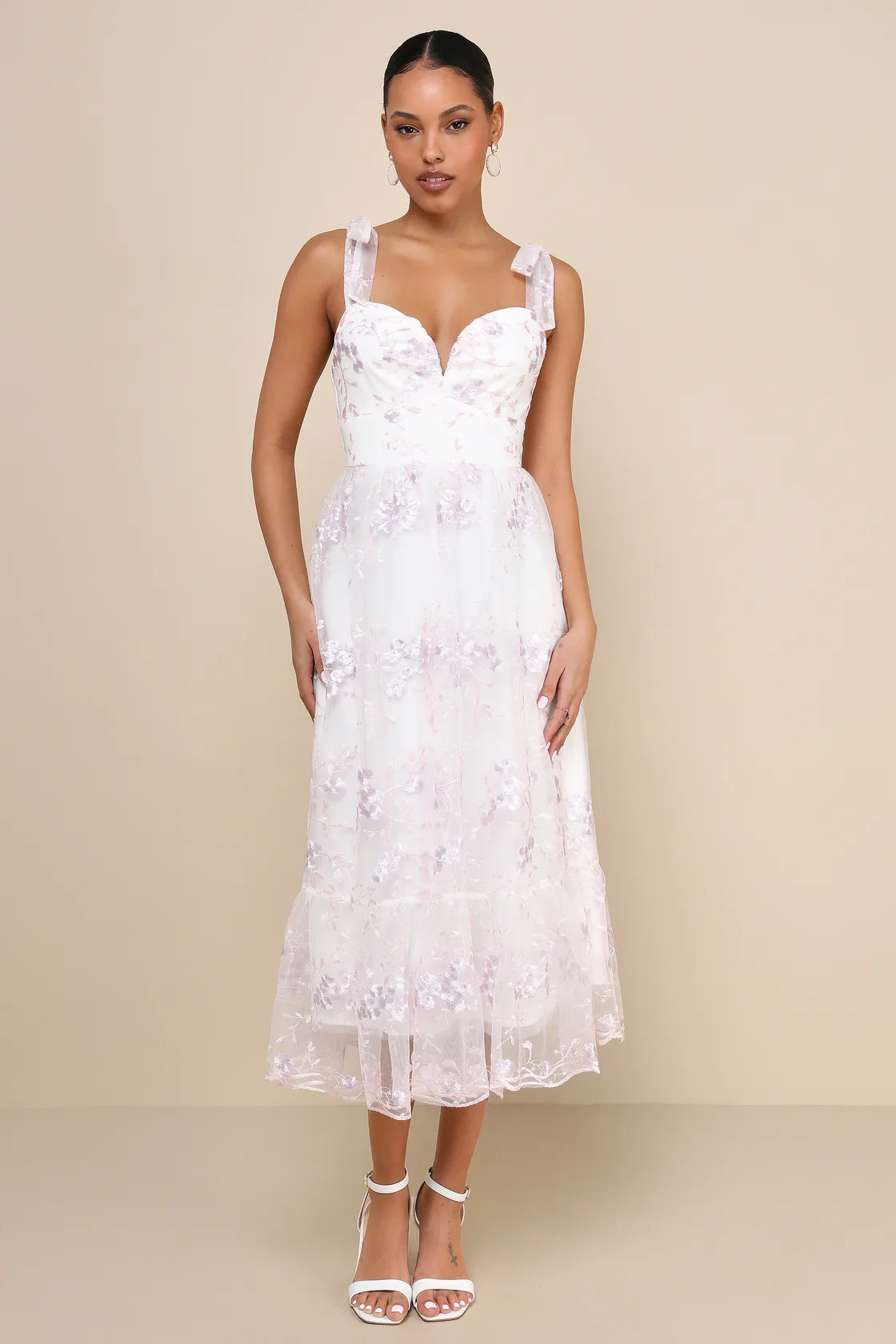 Distinctly Sweet White Floral Embroidered Tie-Strap Midi Dress | Lulus