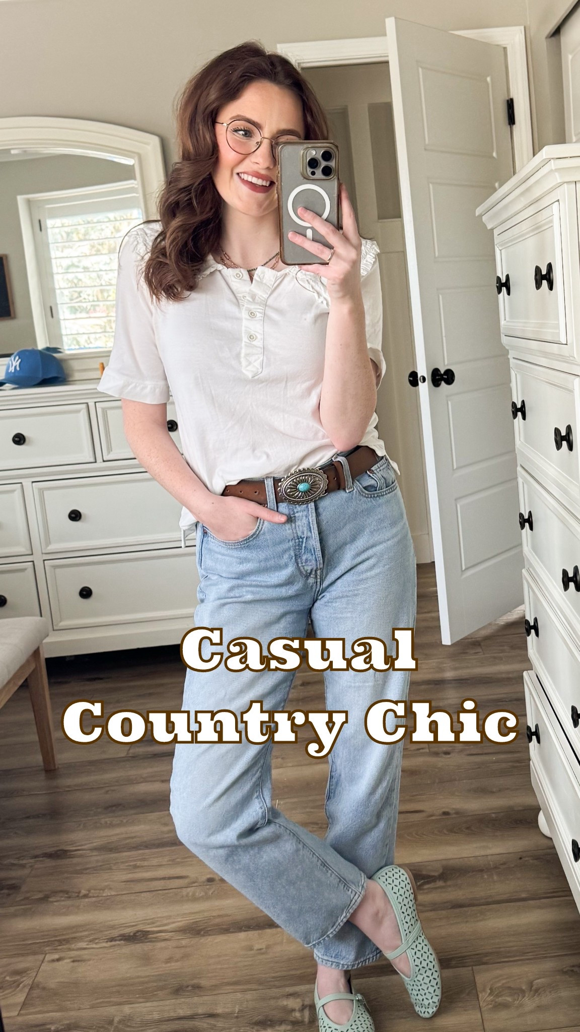 Spring’s casual-cool era and I am fully here for it 🌿 This ruffle henley is giving all the feminine western vibes, and the turquoise concho belt ties it all together without even trying. light wash jeans from Levi’s are a forever staple, and these mint perforated mary janes are the little surprise this outfit needed. Everything is linked on LTK — tap to shop! 🤍
#LTKstyle #LTKstyletip #LTKshoecrush #LTKunder100 #LTKspring #westernstyle #casualootd #maryjanes #levis #springoutfit​​​​​​​​​​​​​​​​

#LTKPetite #LTKootd #LTKgrwm