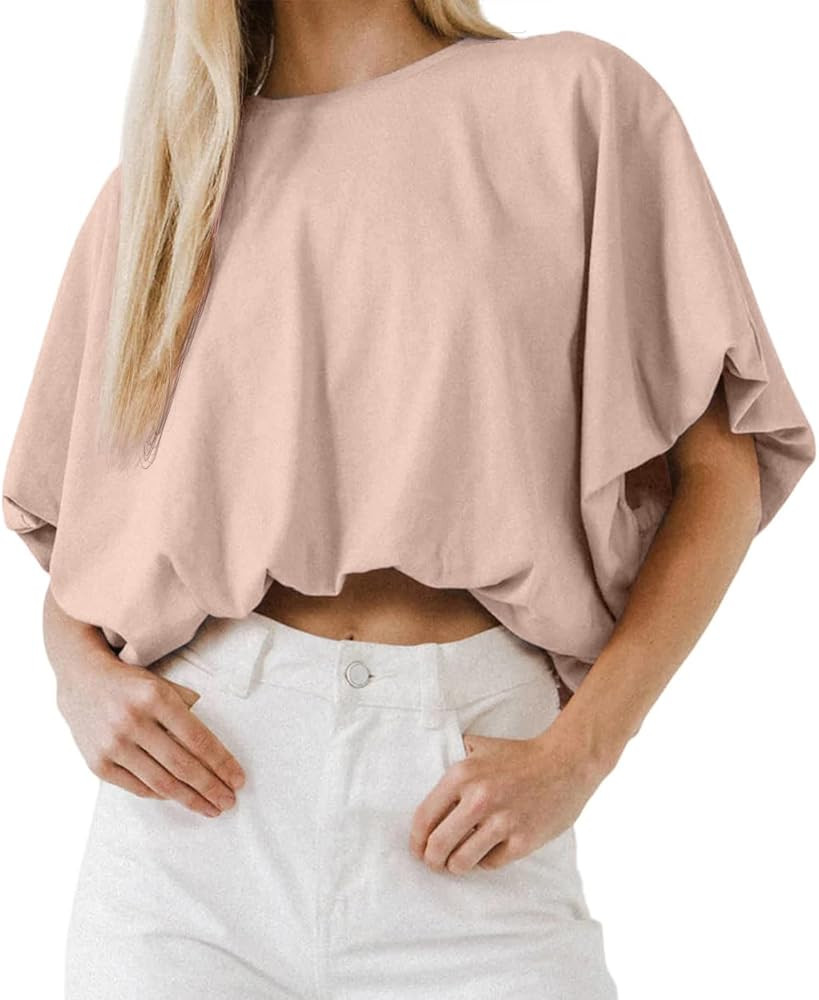 Womens Summer Crewneck Crop Tops Short Sleeve Casual Loose Cropped T Shirts | Amazon (US)