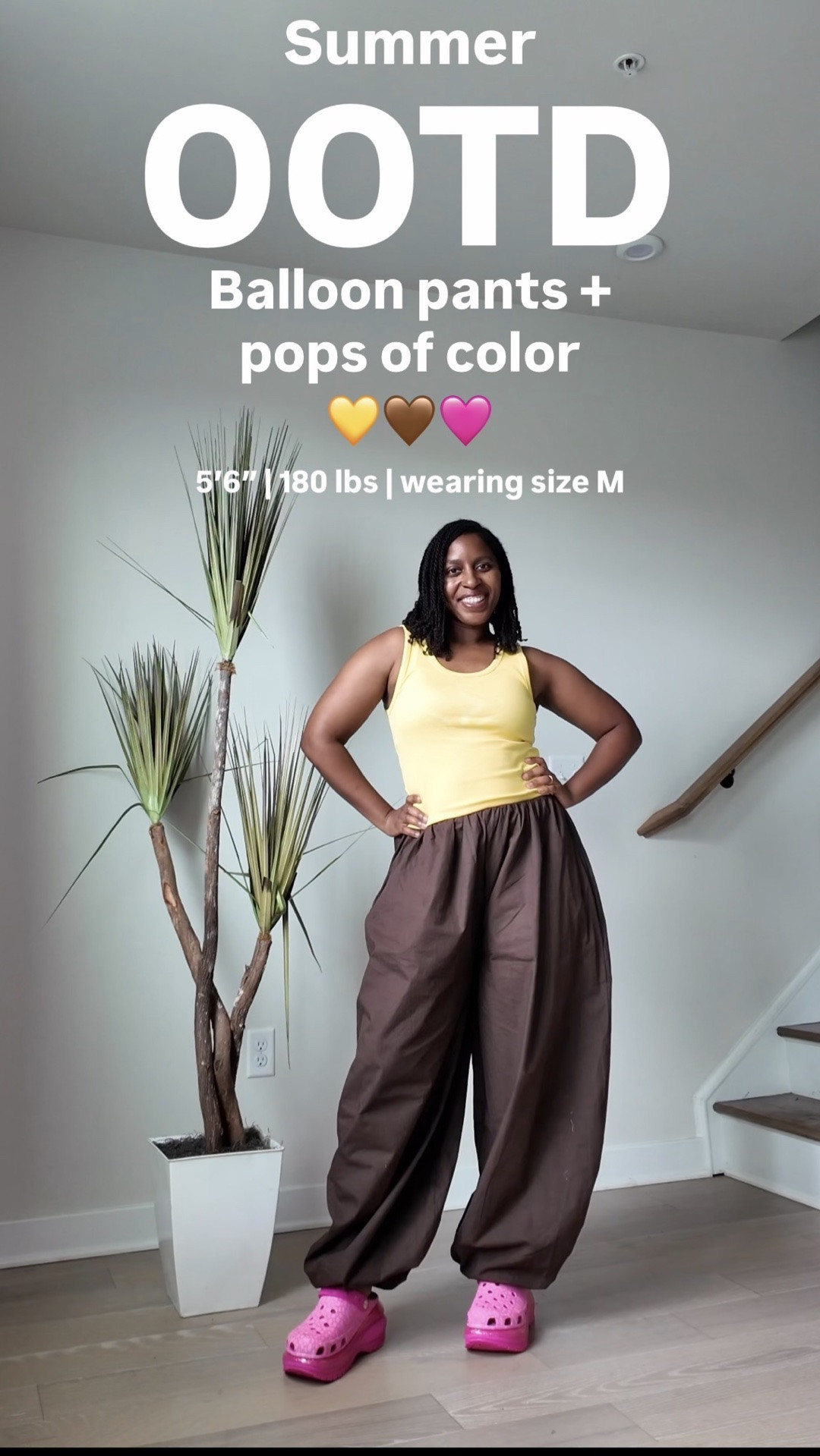 I don’t believe in buying into every trend, but balloon pants are one of those things I’ll be wearing now until forever because they are so comfortable and breathable! I have these cotton pants in brown and black and I’m ready to add more colors to my collection. I’ll be wearing them all summer and beyond!

I went to visit my good friend this morning and as soon as I stepped into her platform pink crocs, I fell in love with this color blocking moment!💛🤎🩷

#LTKootd #LTKMidsize