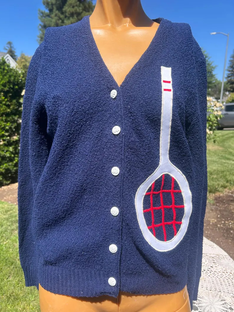 Vintage 1970s Saks 5th Avenue Navy Blue Tennis Sweater W Big T Embroidered Appliqu\u00e9 Tennis R... | Etsy (Global)