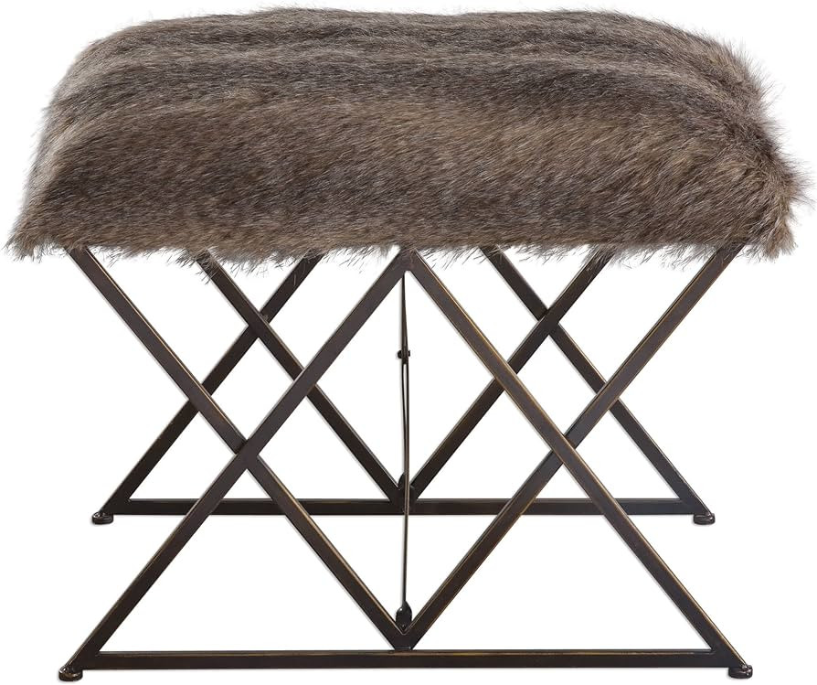 MY SWANKY HOME Luxe Plush Faux Fur Shaggy Ottoman Bench | Brown Retro Contemporary Stool | Amazon (US)