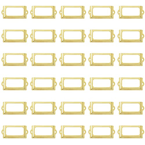 Kyuionty 30Pcs Antique Label Holder 2.4" x 1.3" Metal Name Card Frame for Office Library File Drawer Tag Cabinet Shelves Drawer (Gold) | Amazon (US)