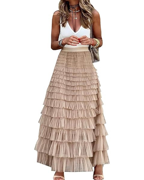 Flygo Women's Long Maxi Tulle Skirts A Line Ruffle High Waisted Tiered Layered Mesh Tutu Skirt Pe... | Amazon (US)