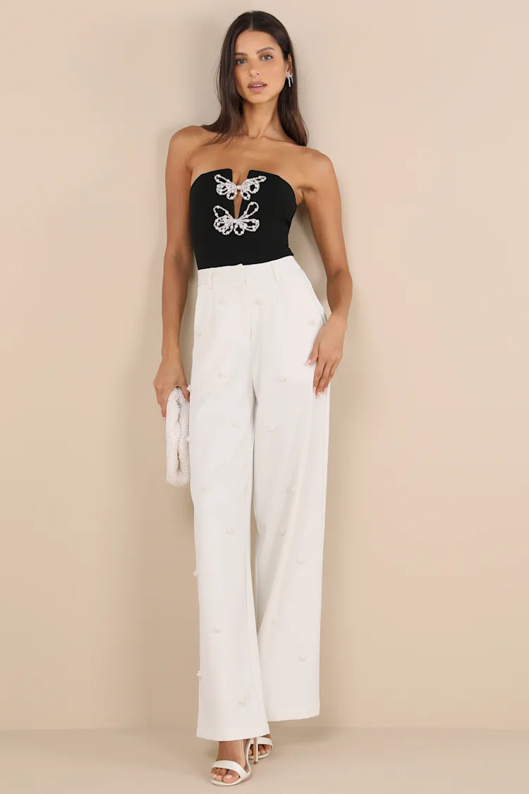 Charmed Impression Black Pearl Beaded Strapless Bodysuit | Lulus
