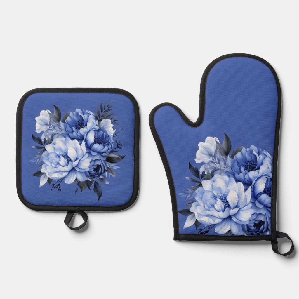 Blue Peonies Floral Elegant Oven Mitt & Pot Holder Set | Zazzle