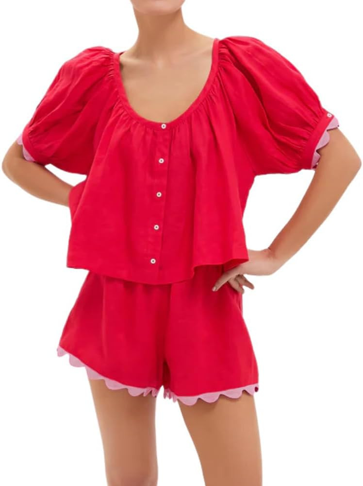 VAOYIU Women's Casual Elegance Two-Piece Linen Outfit Set with Scalloped Hem Summer Round Neck Pu... | Amazon (US)