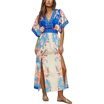 CUPSHE Women Boho Maxi Summer Dress Plunging V Half Dolman Sleeve Empired Waist Side Slit Sundres... | Amazon (US)