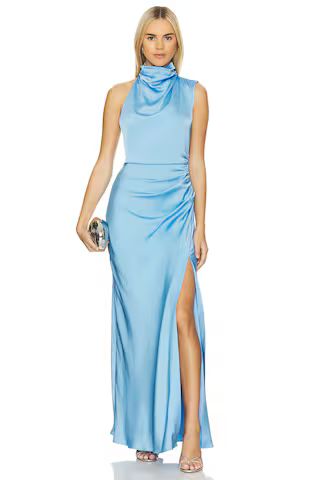 MISHA Constantina Satin Maxi Dress in Maya Blue from Revolve.com | Revolve Clothing (Global)