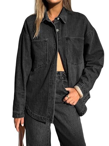 EMMIOL Women Denim Shirts Oversized Long Sleeve Button Down Blouse Distresse Jean Jacket Fall Out... | Amazon (US)