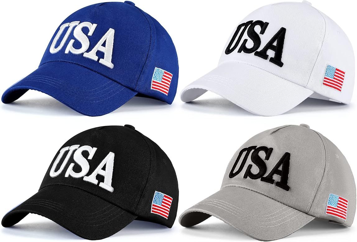 Lasnten 4 Pieces USA Hat Cotton Patriotic Baseball Cap American Flag Hat Adjustable Embroidered D... | Amazon (US)