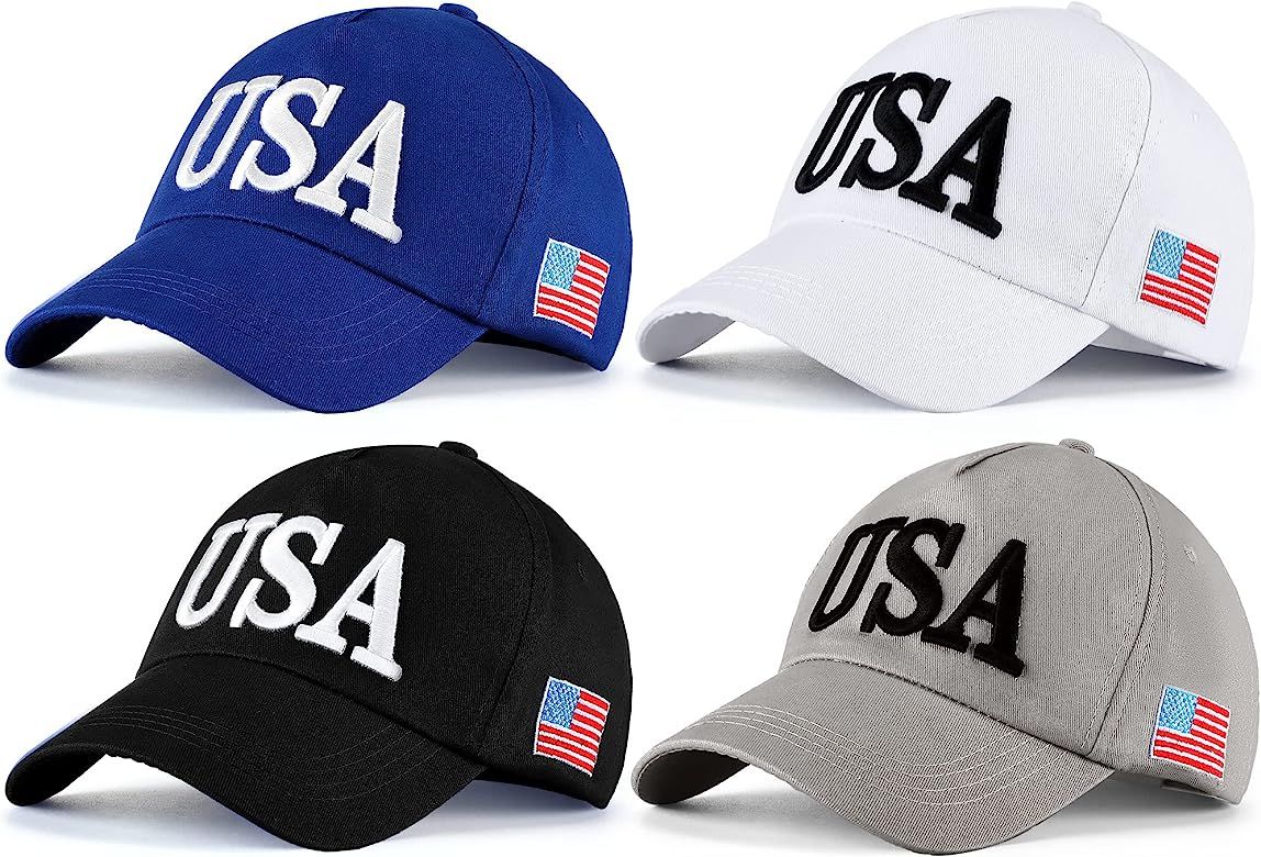 Lasnten 4 Pieces USA Hat Cotton Patriotic Baseball Cap American Flag Hat Adjustable Embroidered D... | Amazon (US)