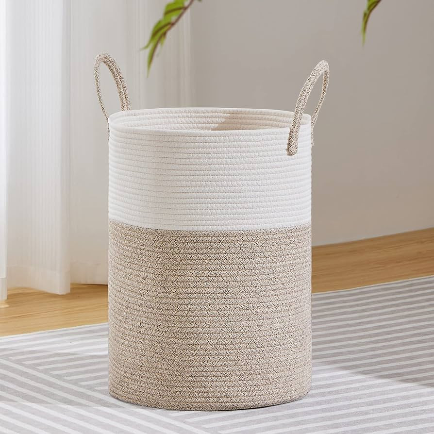 VIPOSCO Large Laundry Hamper, Tall Woven Rope Storage Basket for Blanket, Toys, Dirty Clothes in Living Room, Bathroom, Bedroom - 58L White & Brown | Amazon (US)