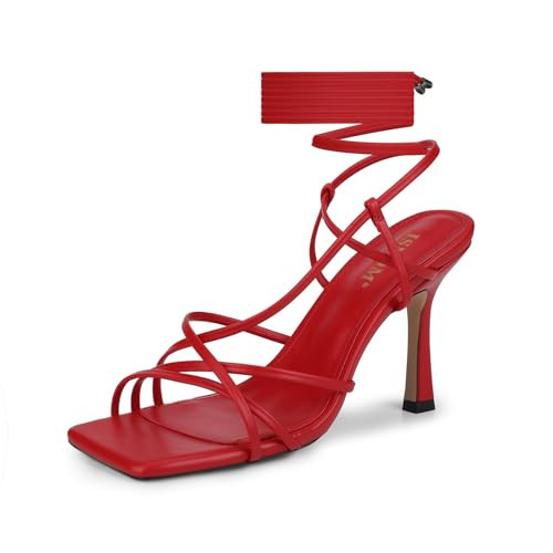 ISNOM Red Strappy Heels for Women - Lace up Square Toe Stiletto Sandals, Gladiator Style Wrap up Stripper Heels | Amazon (US)