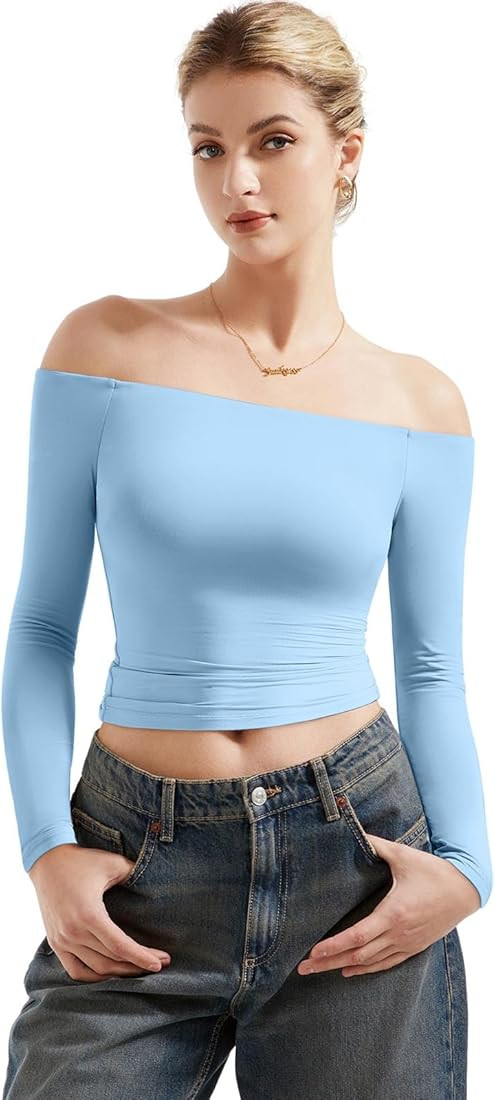 SUUKSESS Women Off Shoulder Double Lined Long Sleeve Shirts Basic Going Out Tops | Amazon (US)