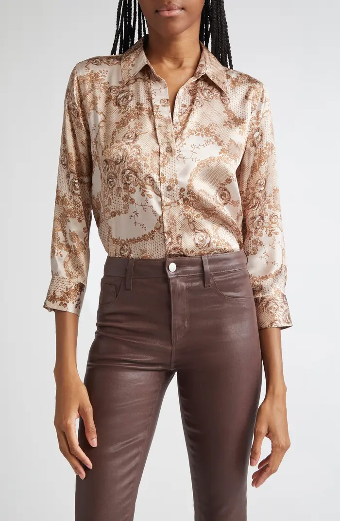 L'AGENCE Dani Lace Print Three-Quarter Sleeve Silk Button-Up Shirt | Nordstrom | Nordstrom