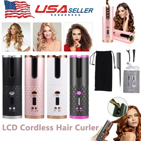 Kqiang Portable Cordless Auto Rotating Hair Curler Hair Waver Curling Iron Lcd Ceramic | Walmart (US)