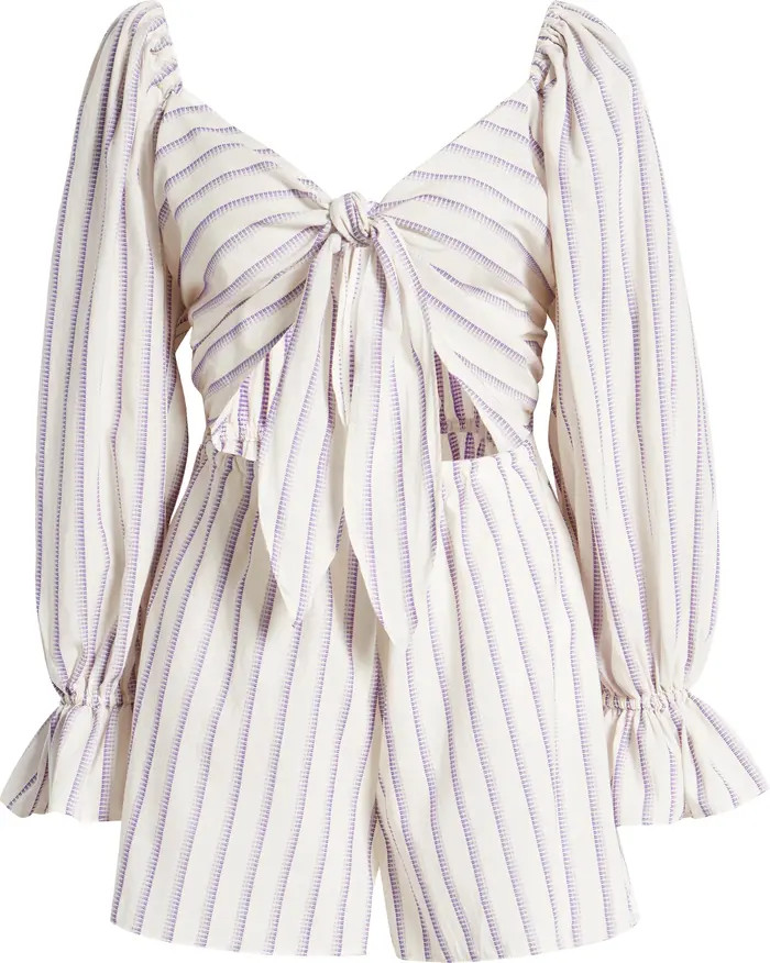 Stripe Bow Tie Long Sleeve Romper | Nordstrom